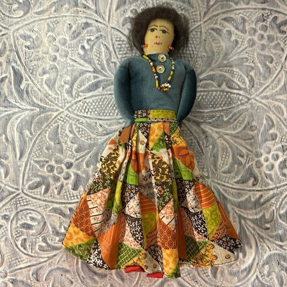 Vintage Native American Doll Cloth Body Beaded Earrings and Necklace